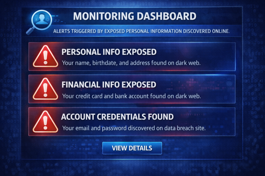 how identity theft happens: Personal information exposure alert dashboard