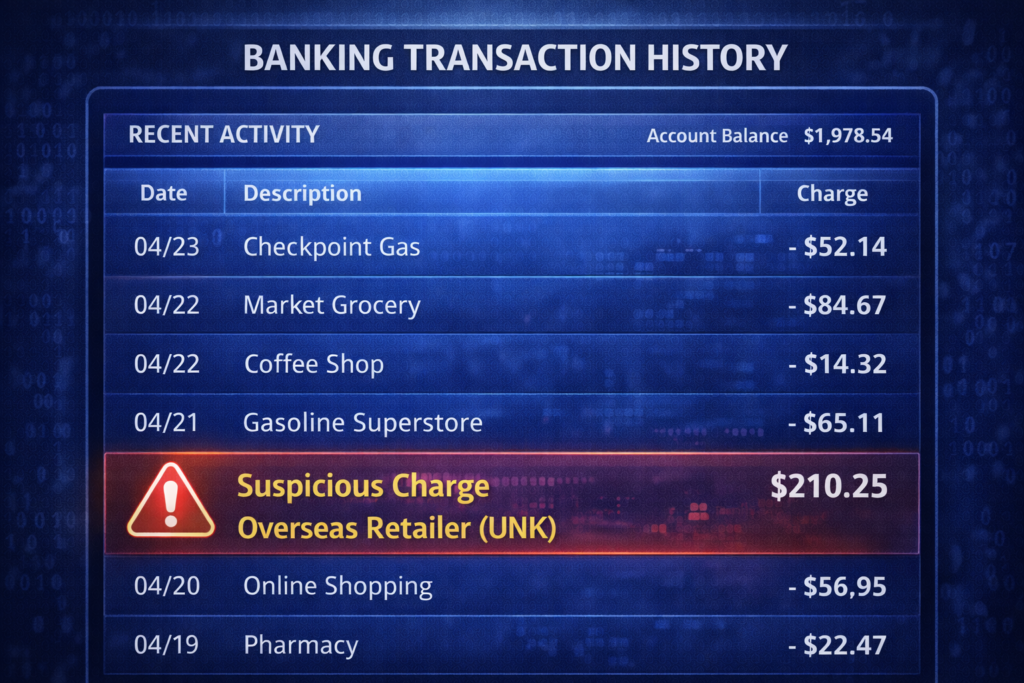 how identity theft happens: Suspicious charge in transaction history