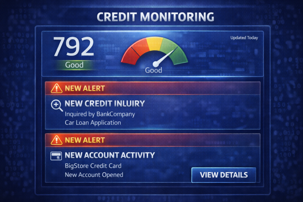 how identity theft happens: Credit monitoring interface with alerts