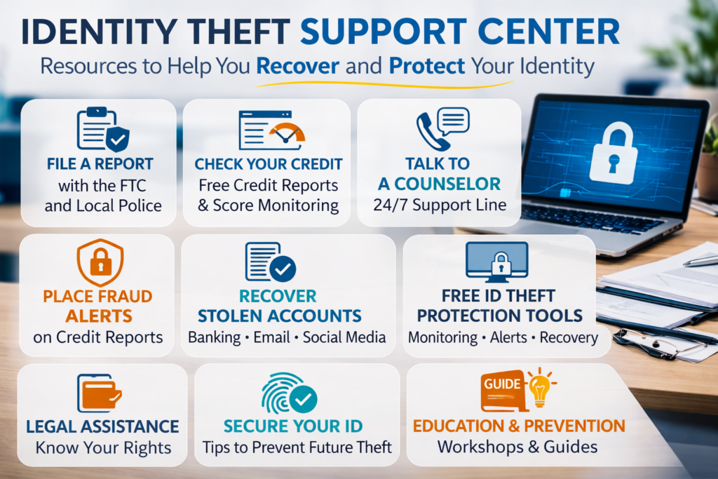 what to do immediately if your identity is stolen: Identity theft support center infographic