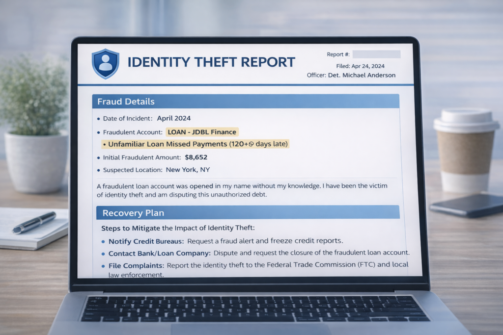 what to do immediately if your identity is stolen: Identity theft recovery plan displayed on laptop