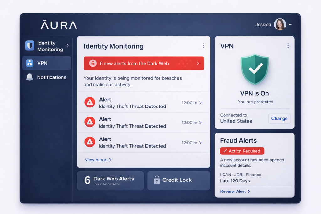what to do immediately if your identity is stolen: Aura cybersecurity dashboard overview