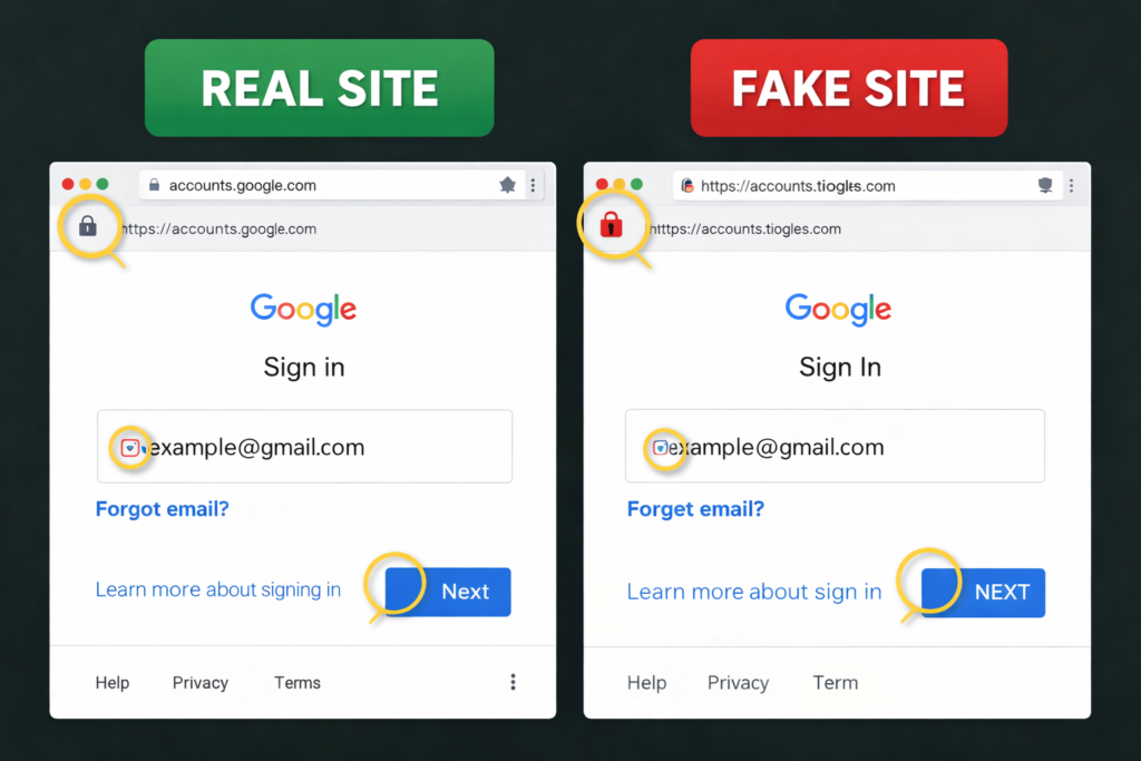 how hackers get your personal data: Real vs fake login page comparison