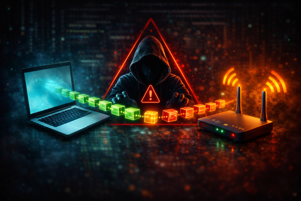 how hackers get your personal data: Hacker intercepting data packets in transit