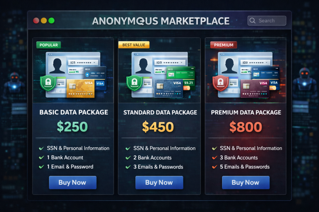 how hackers use stolen personal data: Dark web data marketplace interface