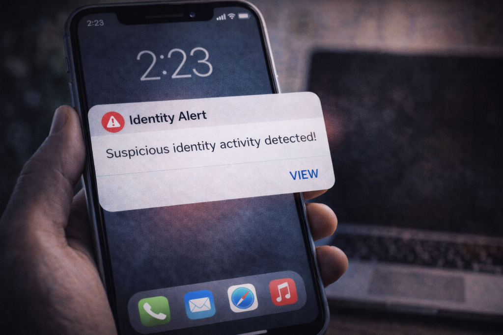 how hackers get your personal data: Identity alert on smartphone screen