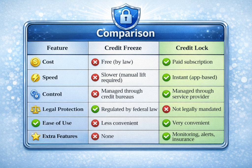credit freeze vs credit lock: Credit freeze vs. credit lock comparison