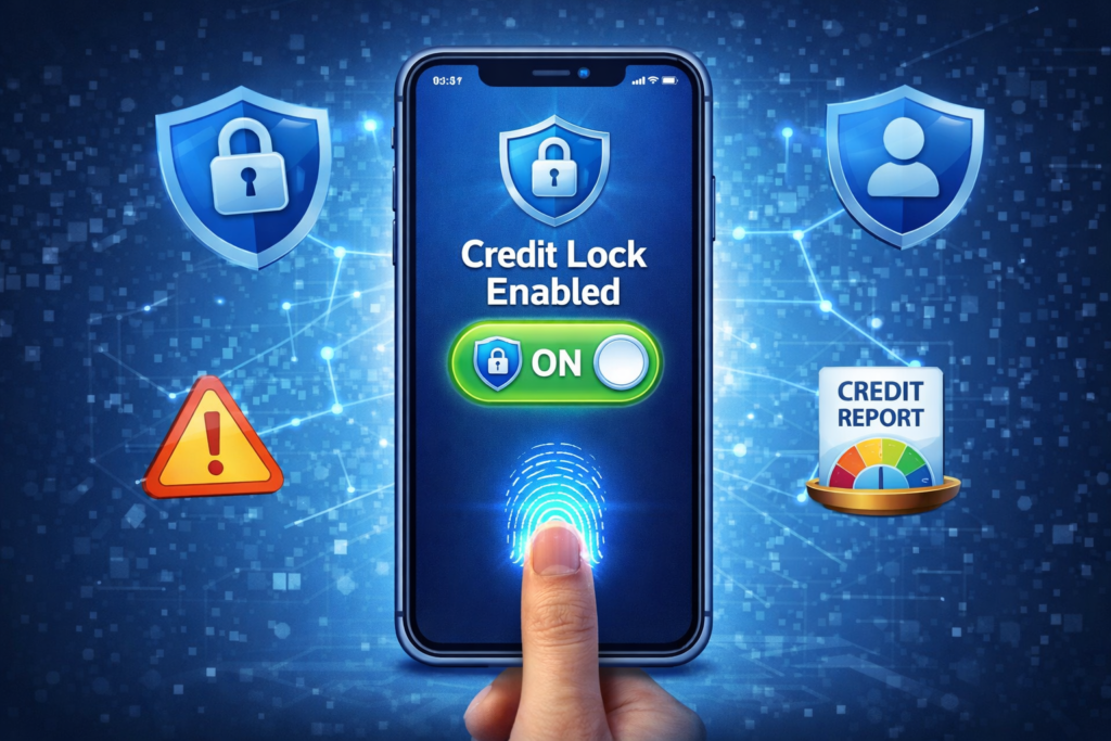 credit freeze vs credit lock: Smartphone with Credit Lock Enabled