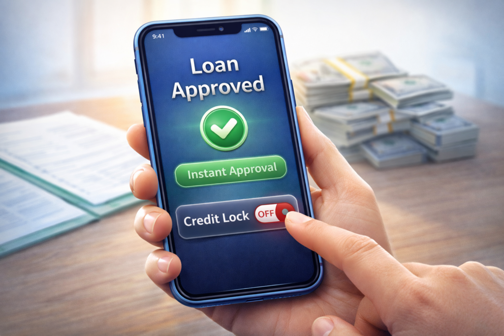 credit freeze vs credit lock: Instant loan approval on smartphone