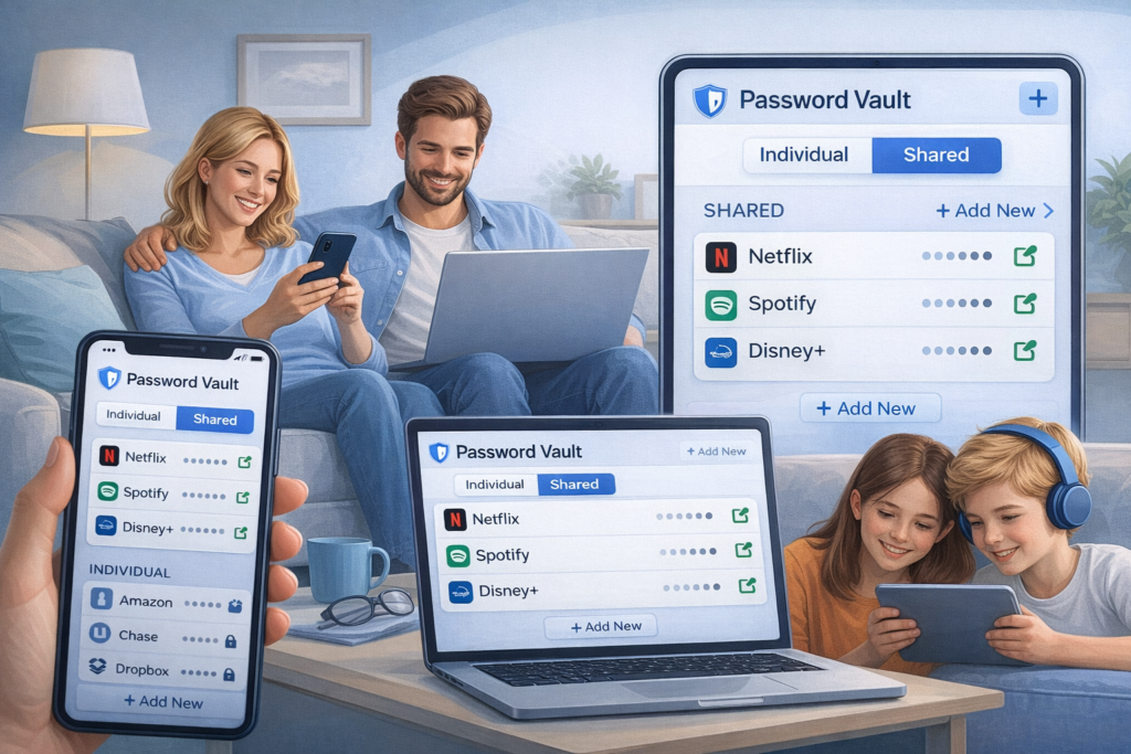 best password managers: Family sharing passwords in cozy living room