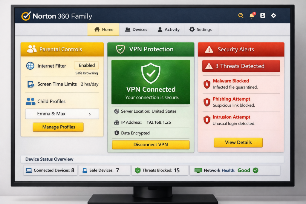Best Antivirus for Families: Norton 360 Family security dashboard