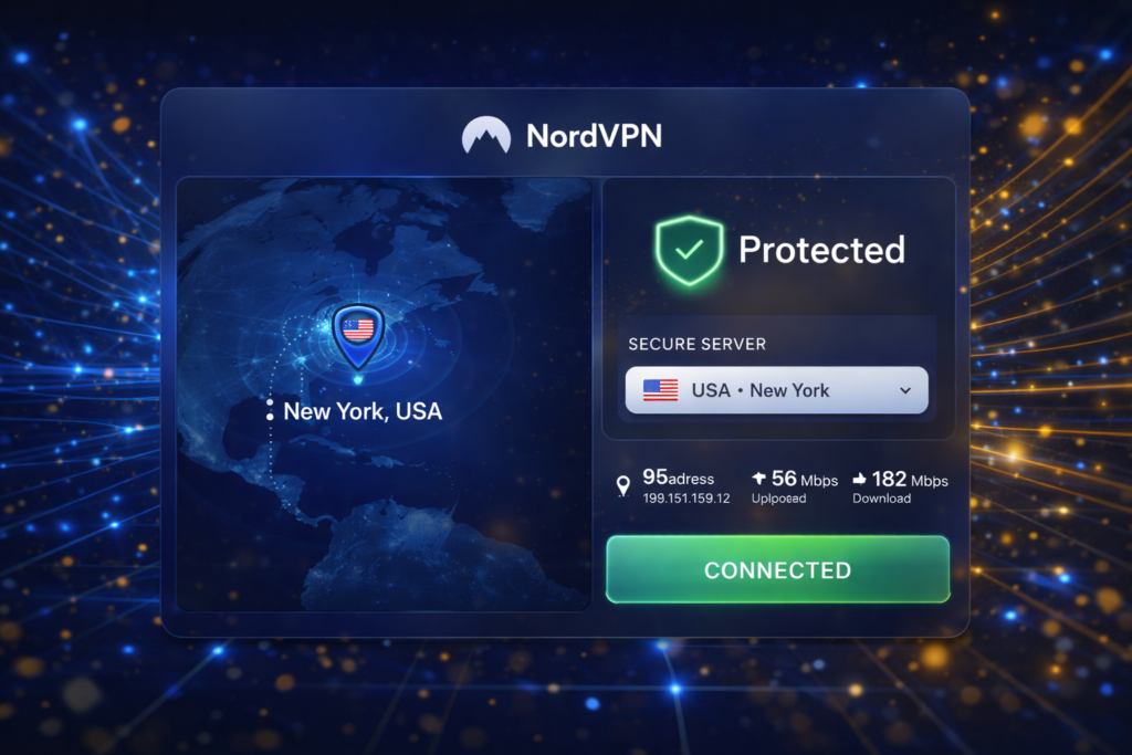NordVPN vs Surfshark: Modern VPN dashboard with New York location