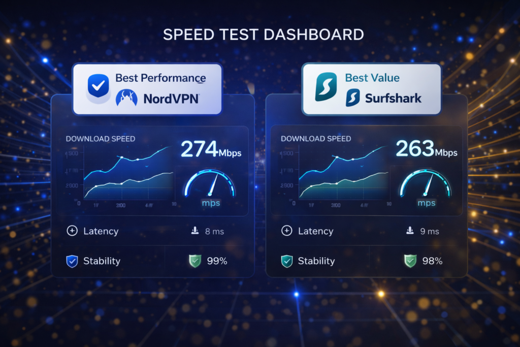 NordVPN vs Surfshark: VPN performance comparison dashboard