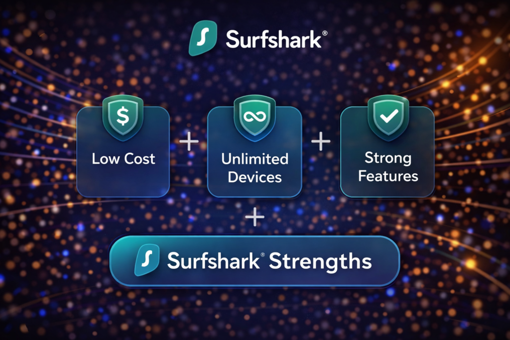 NordVPN vs Surfshark: Surfshark key strengths infographic