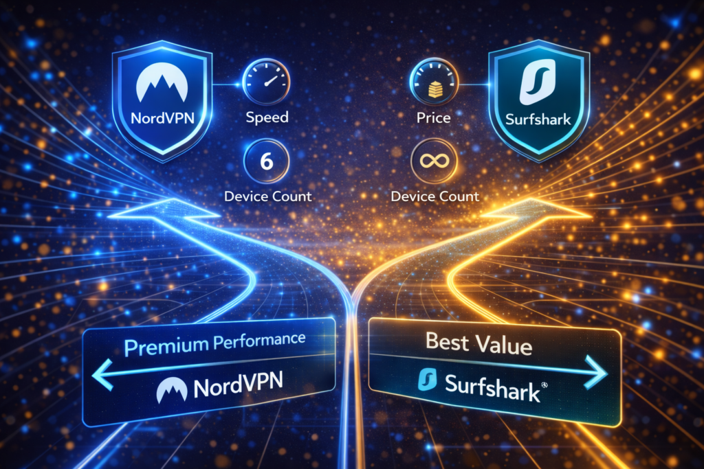 NordVPN vs Surfshark: Futuristic VPN decision path