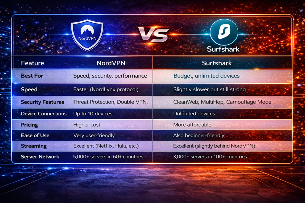 NordVPN vs Surfshark: NordVPN vs Surfshark comparison table