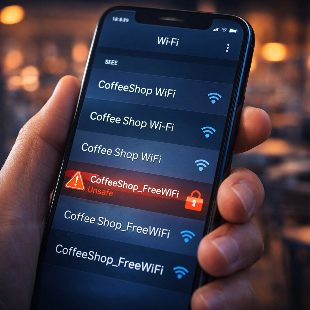 Public WiFi dangers: Unsafe network warning at coffee shop