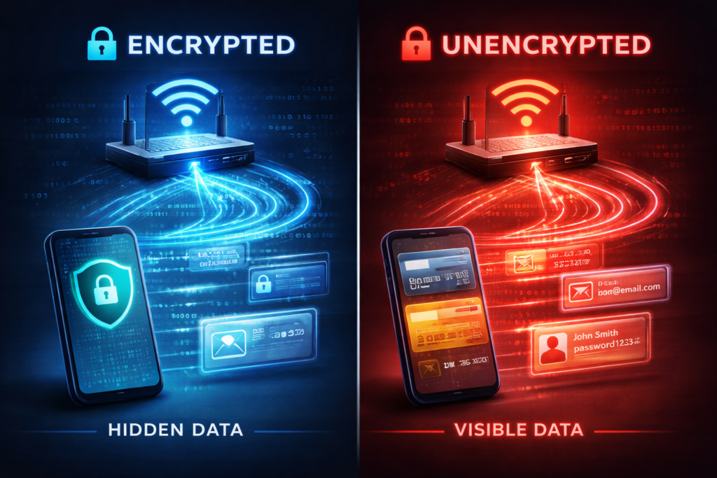 public WiFi dangers: Encrypted vs unencrypted data transmission
