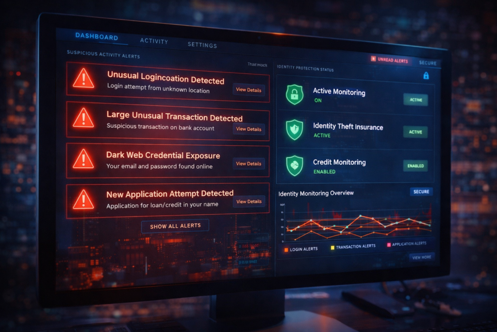 public WiFi dangers: Cybersecurity dashboard with alerts and protection status