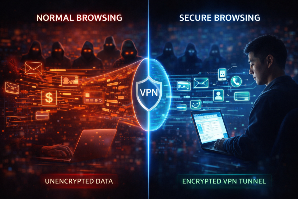 public WiFi dangers: Normal vs secure browsing comparison