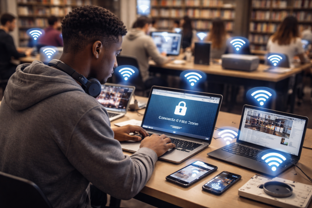 public WiFi dangers: Student working on laptop in library