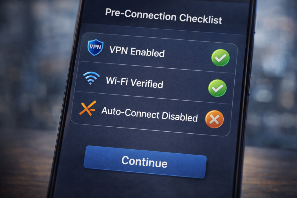 public WiFi dangers: Pre-connection checklist on device screen
