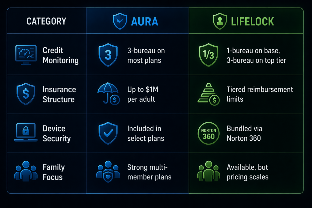 Aura vs LifeLock: Cybersecurity comparison dashboard design