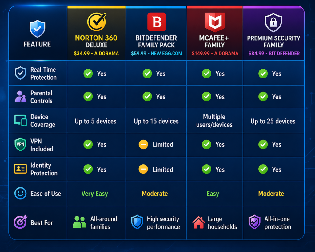 Best Antivirus for Families: Security software comparison infographic
