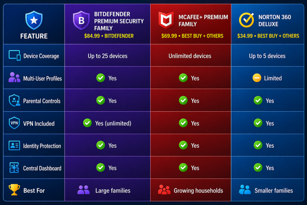 Best Antivirus for Families: Product comparison infographic with security features