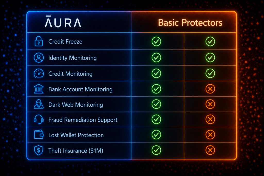 Do You Really Need Identity Theft Protection in 2026?: Product feature comparison infographic with neon accents