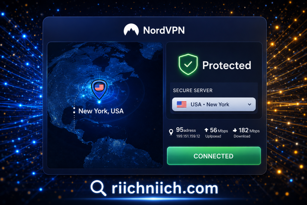 NordVPN vs Surfshark: Sleek NordVPN interface in cosmic space