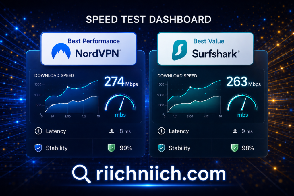 NordVPN vs Surfshark: Futuristic VPN speed test dashboard