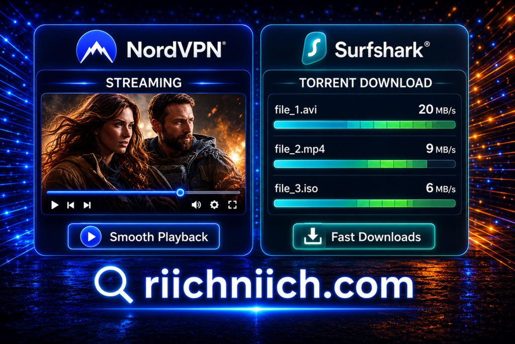 NordVPN vs Surfshark: Neon UI dashboard with VPN services