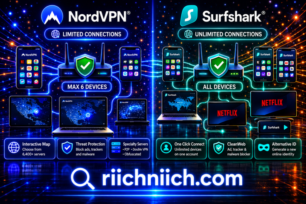 NordVPN vs Surfshark: VPN comparison in neon cyber style