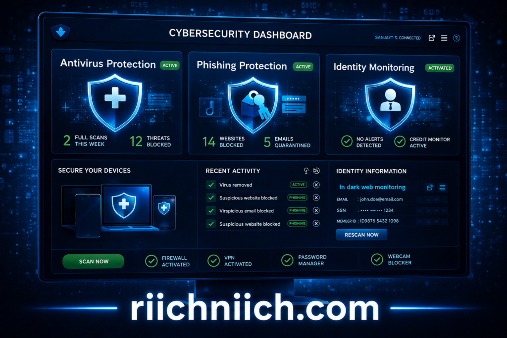 Best Antivirus for Families: Futuristic cybersecurity monitor dashboard