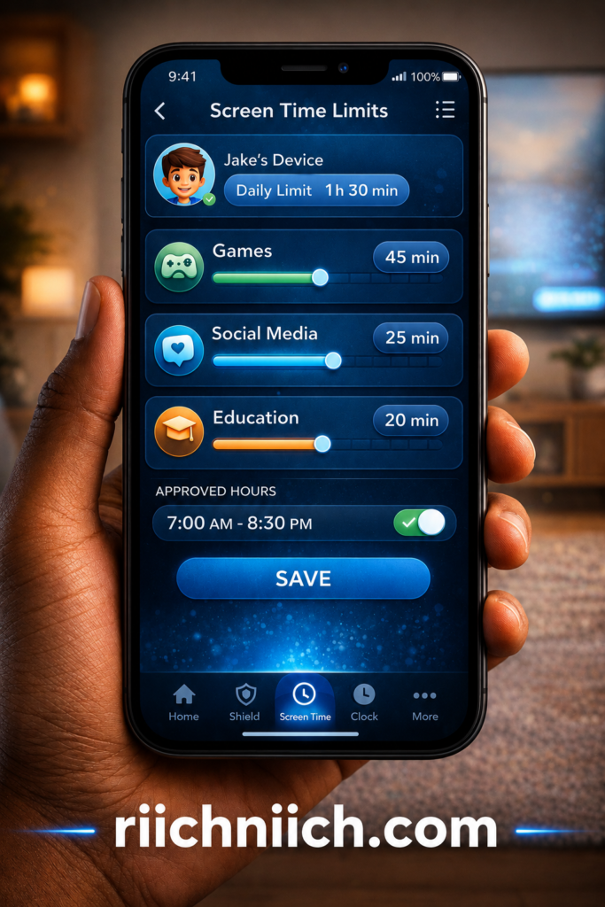 Best Antivirus for Families: Smartphone screen time limits app close-up