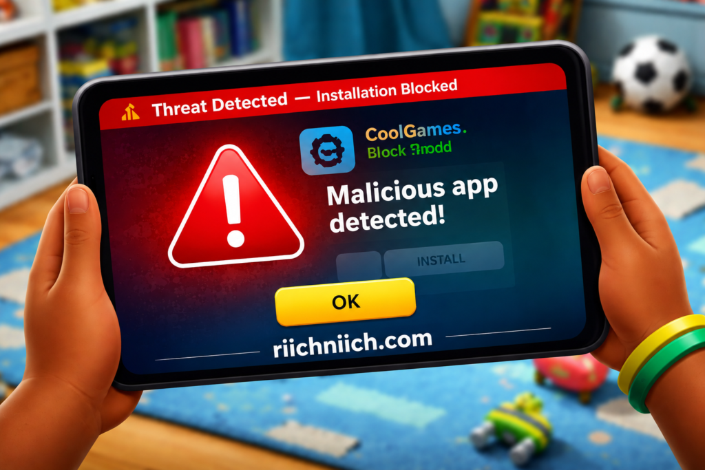Best Antivirus for Families: Malicious app alert on tablet screen