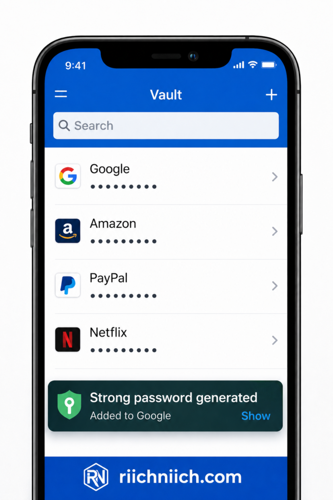 best password managers: Smartphone app UI mockup with vault theme