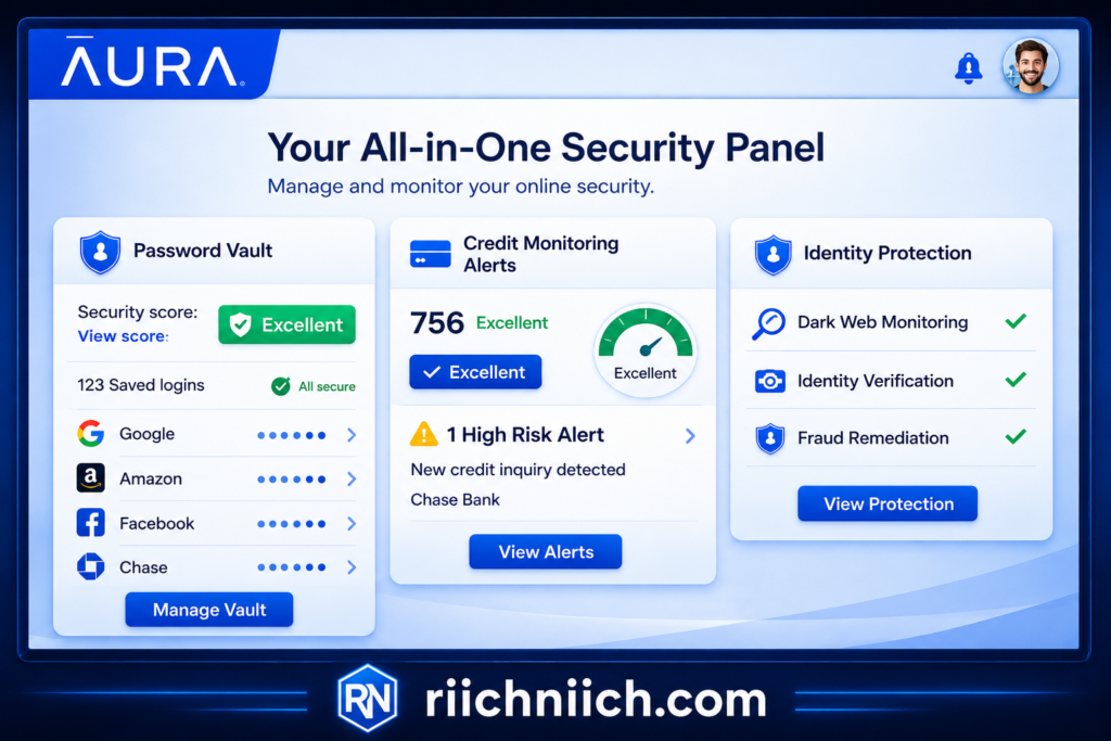 best password managers: ĀURA security dashboard UI mockup