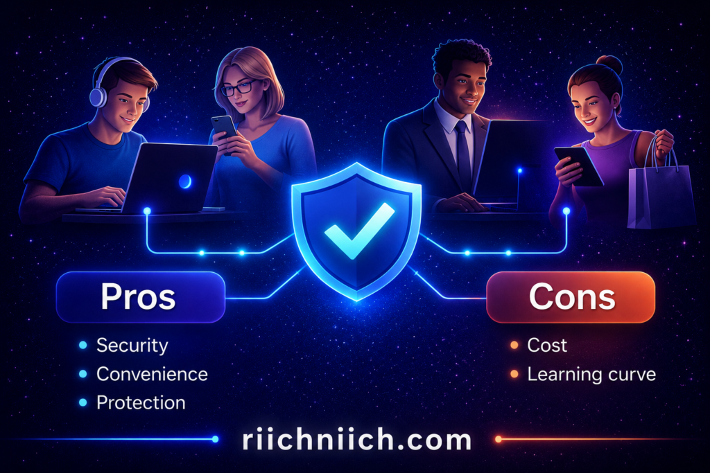 best password managers: Pros and cons infographic in space