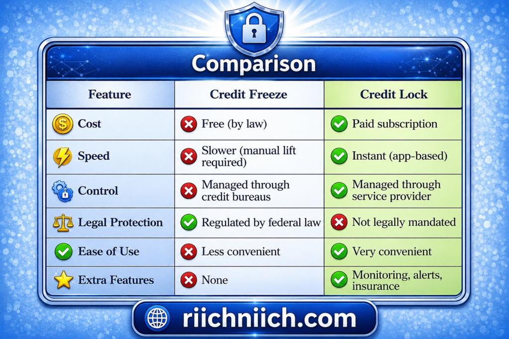 credit freeze vs credit lock: Comparison of credit freeze vs lock