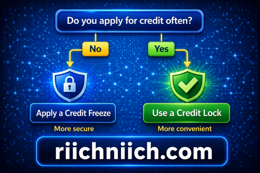 credit freeze vs credit lock: Financial decision flowchart on digital background
