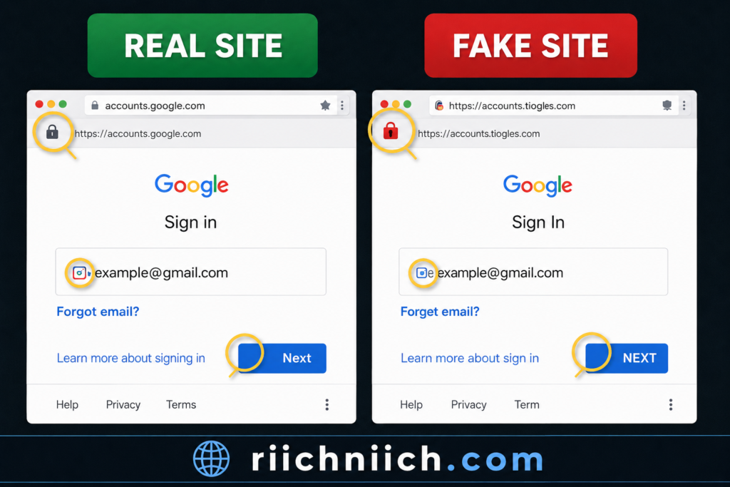 how hackers get your personal data: Real vs fake site comparison