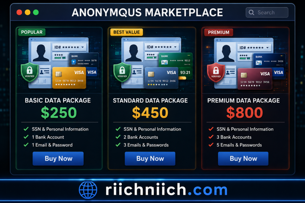 how hackers use stolen personal data: Anonymous marketplace pricing comparison layout
