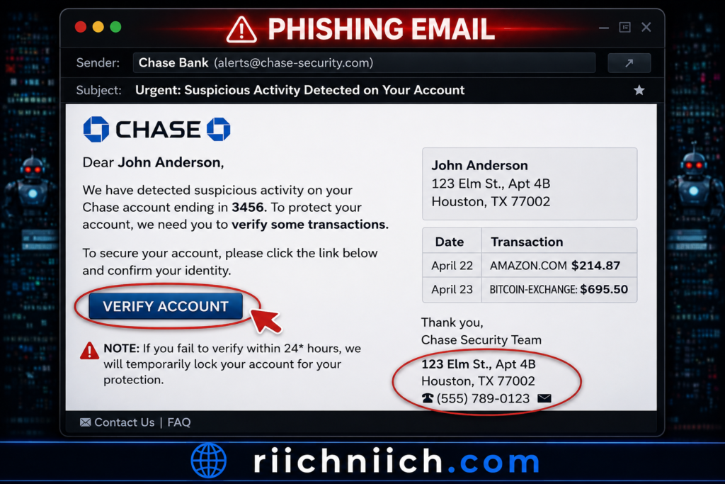 how hackers get your personal data: Phishing email warning in dark UI