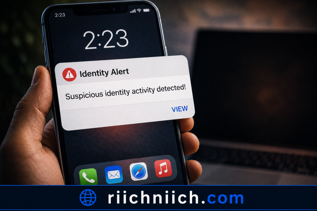 how hackers get your personal data: Identity alert notification on smartphone screen