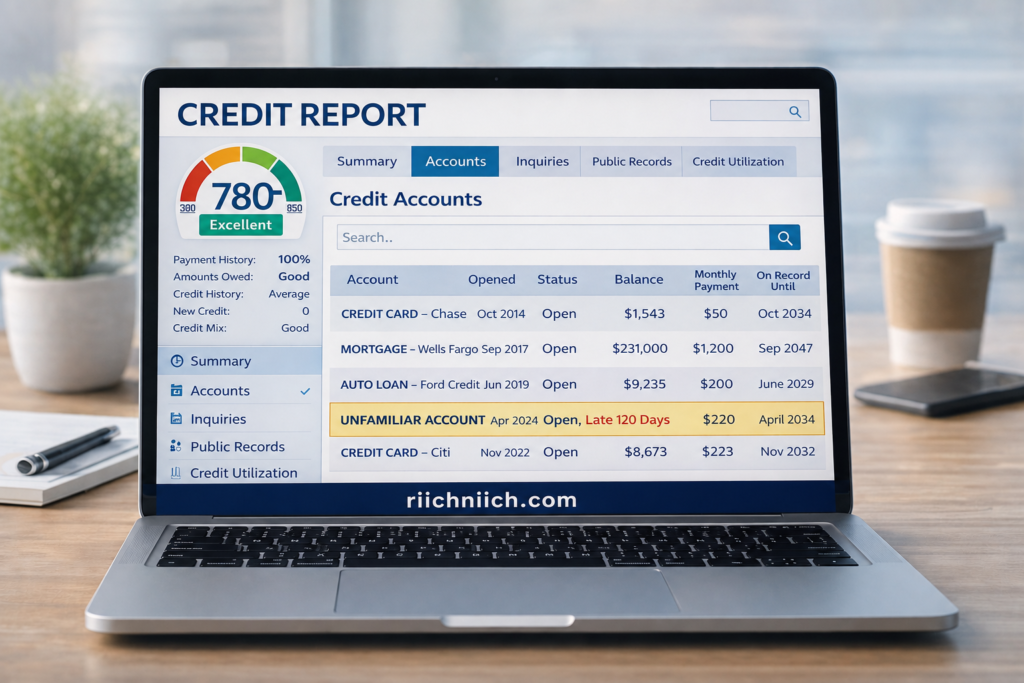 what to do immediately if your identity is stolen: Credit report dashboard on laptop screen
