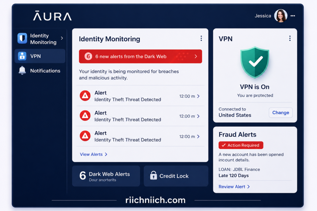 what to do immediately if your identity is stolen: Security dashboard with identity monitoring alerts