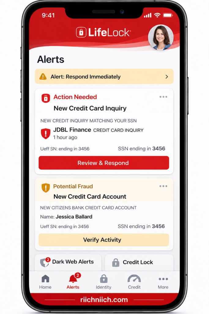 what to do immediately if your identity is stolen: LifeLock app security dashboard mockup
