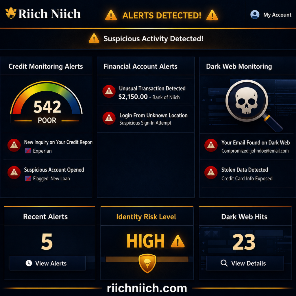 13 warning signs someone stole your identity: Cybersecurity monitoring dashboard mockup